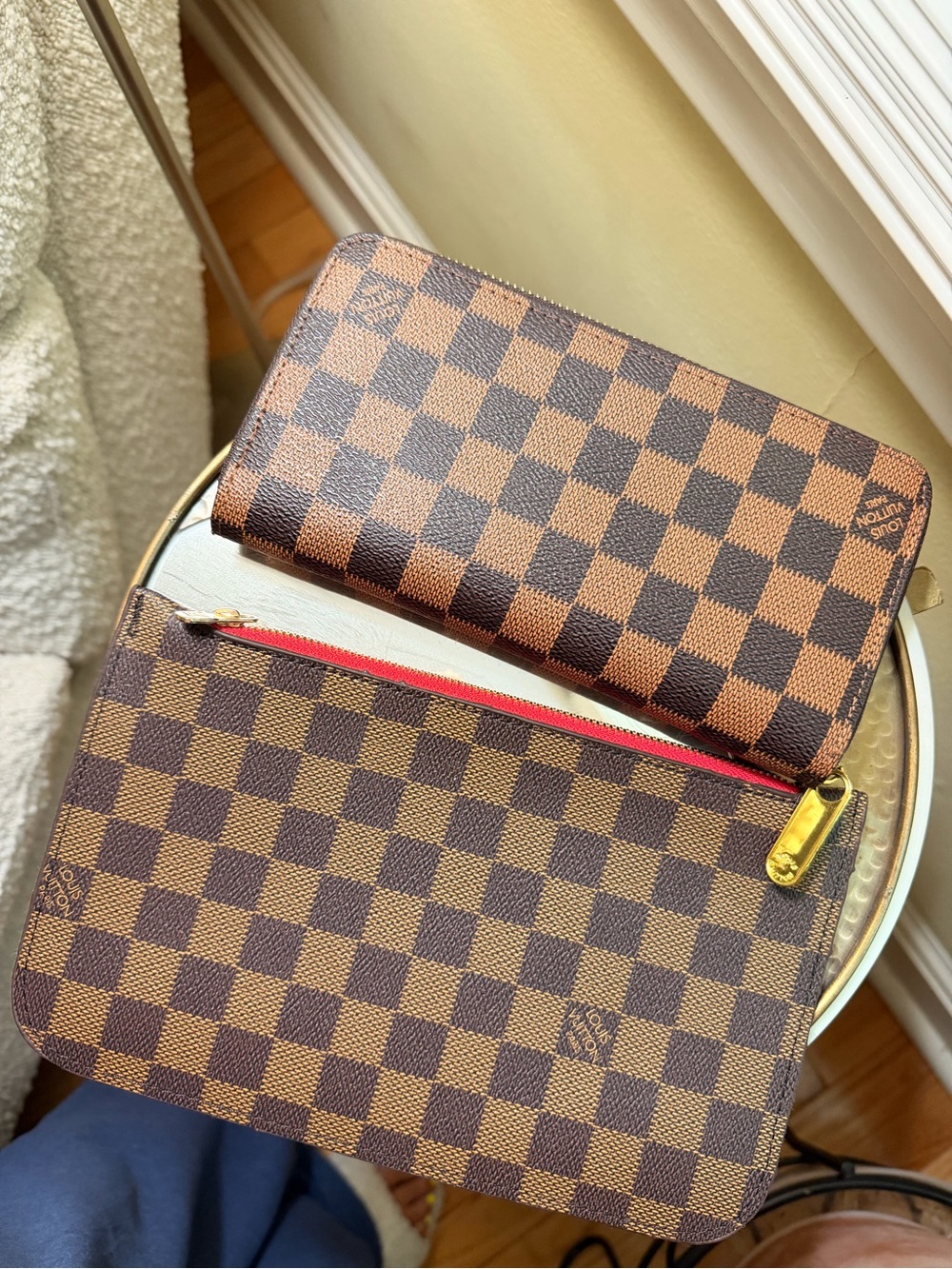 Designer-Inspired Red & Brown Check Tote with Removable Pouch - Picture 5 of 9